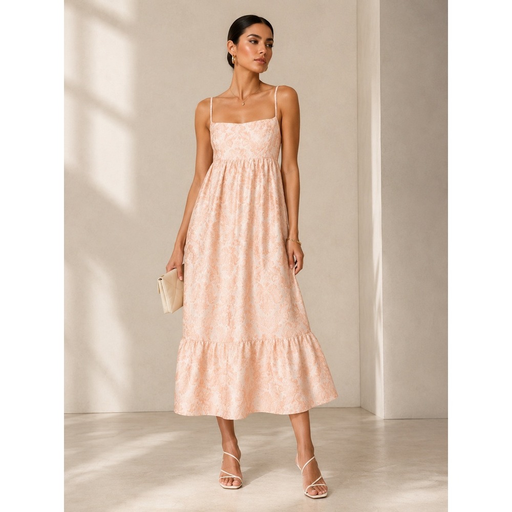 NWT Lena Boutique Rose Pink Sleeveless Midi Dress Jacquard Floral - Large
